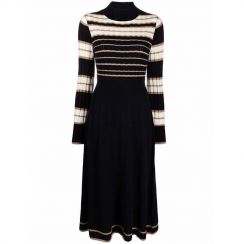 Skinny Warm Striped Contrast Retro Waist Turtleneck Dress