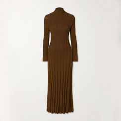 Knitwear Brown Rib Knit Turtleneck Maxi Dress