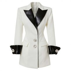 Patchwork Leather Formal Blazers Dress Ladies Jacket 3PCS