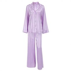 10 Sets Fashion Comfortable Silk Satin Purple Striped 2pcs Womens Sleepwear