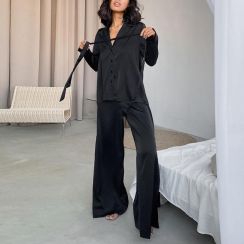Lengthen Shirt Pajamas Solid Color Lapel 2 Piece Suit Home Spring Sleepwear For Women
